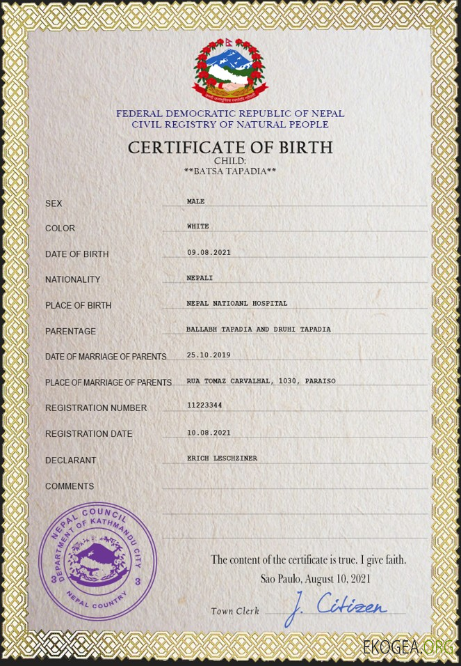 Modèle PSD de certificat de naissance de l'état civil du Népal